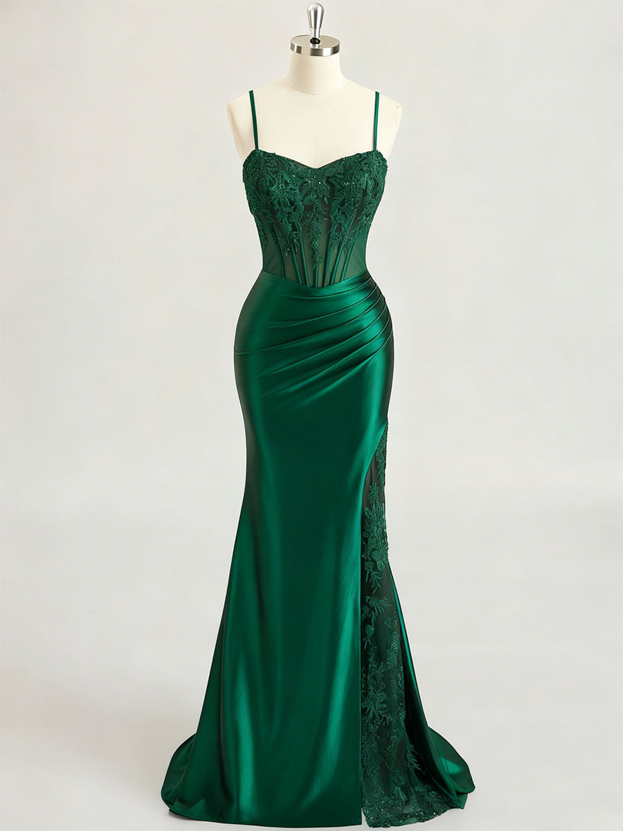 Emerald Green Ruched Waist Satin Corset Prom Dress with Sheer Lace Side Panel