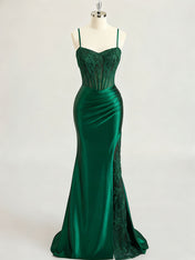 Emerald Green Ruched Waist Satin Corset Prom Dress with Sheer Lace Side Panel