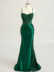 Emerald Green Ruched Waist Satin Corset Prom Dress with Sheer Lace Side Panel