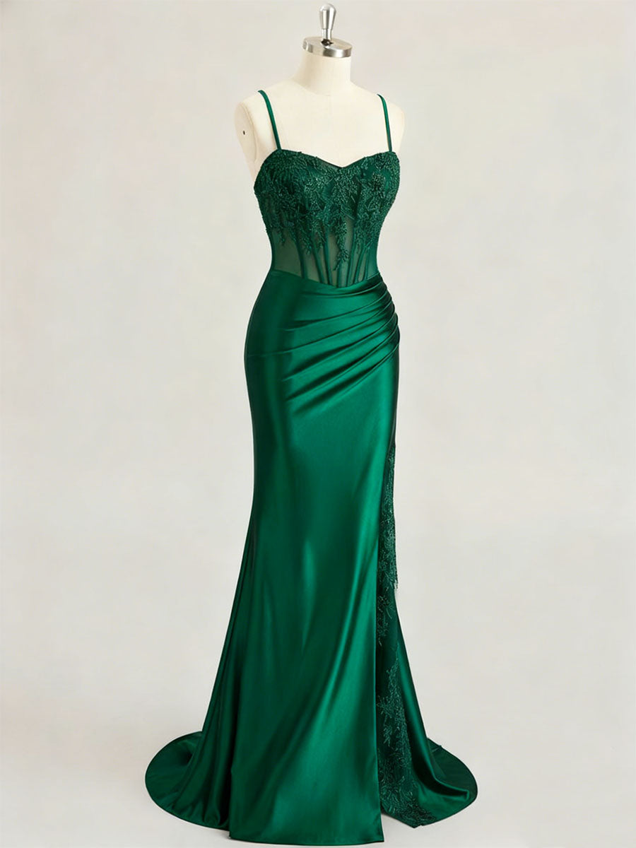 Emerald Green Ruched Waist Satin Corset Prom Dress with Sheer Lace Side Panel