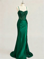 Emerald Green Ruched Waist Satin Corset Prom Dress with Sheer Lace Side Panel