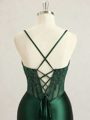 Emerald Green Ruched Waist Satin Corset Prom Dress with Sheer Lace Side Panel