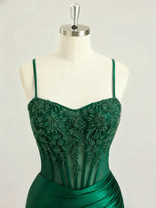 Emerald Green Ruched Waist Satin Corset Prom Dress with Sheer Lace Side Panel