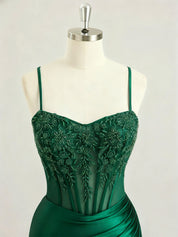 Emerald Green Ruched Waist Satin Corset Prom Dress with Sheer Lace Side Panel