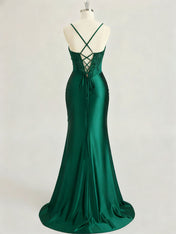 Emerald Green Ruched Waist Satin Corset Prom Dress with Sheer Lace Side Panel