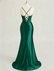 Emerald Green Ruched Waist Satin Corset Prom Dress with Sheer Lace Side Panel
