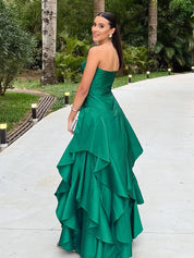 Emerald Green Strapless Tiered Ruffle Satin Prom Dress with Keyhole Cutout