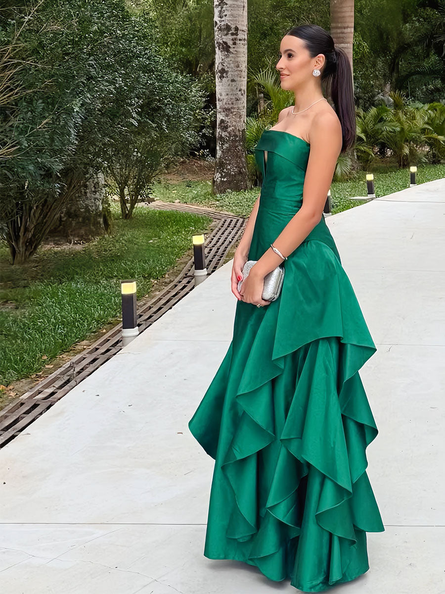 Dreamylily Prom Dress Emerald Green Strapless Tiered Ruffle Satin Ball Gown with Keyhole Cutout Dreamylily Prom Dress Emerald Green Strapless Tiered Ruffle Satin Ball Gown with Keyhole Cutout