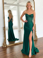 Mermaid Strapless Corset Beaded Prom Dress with Slit