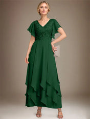 A-line V-Neck Ankle-Length Lace Chiffon Mother of the Bride Dress With Cascading Ruffles