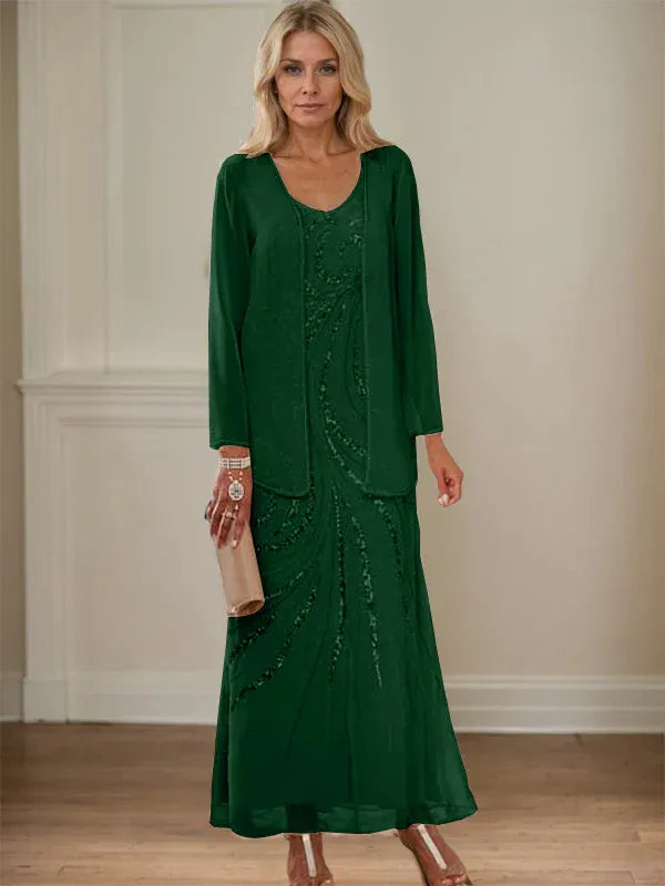 Robe de mère de la mariée fourreau/colonne, col en V, longueur cheville, avec veste et paillettes 