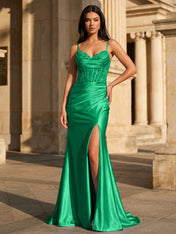 Sky Blue Satin Corset Long Prom Dress with Draped Neckline