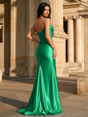 Sky Blue Satin Corset Long Prom Dress with Draped Neckline