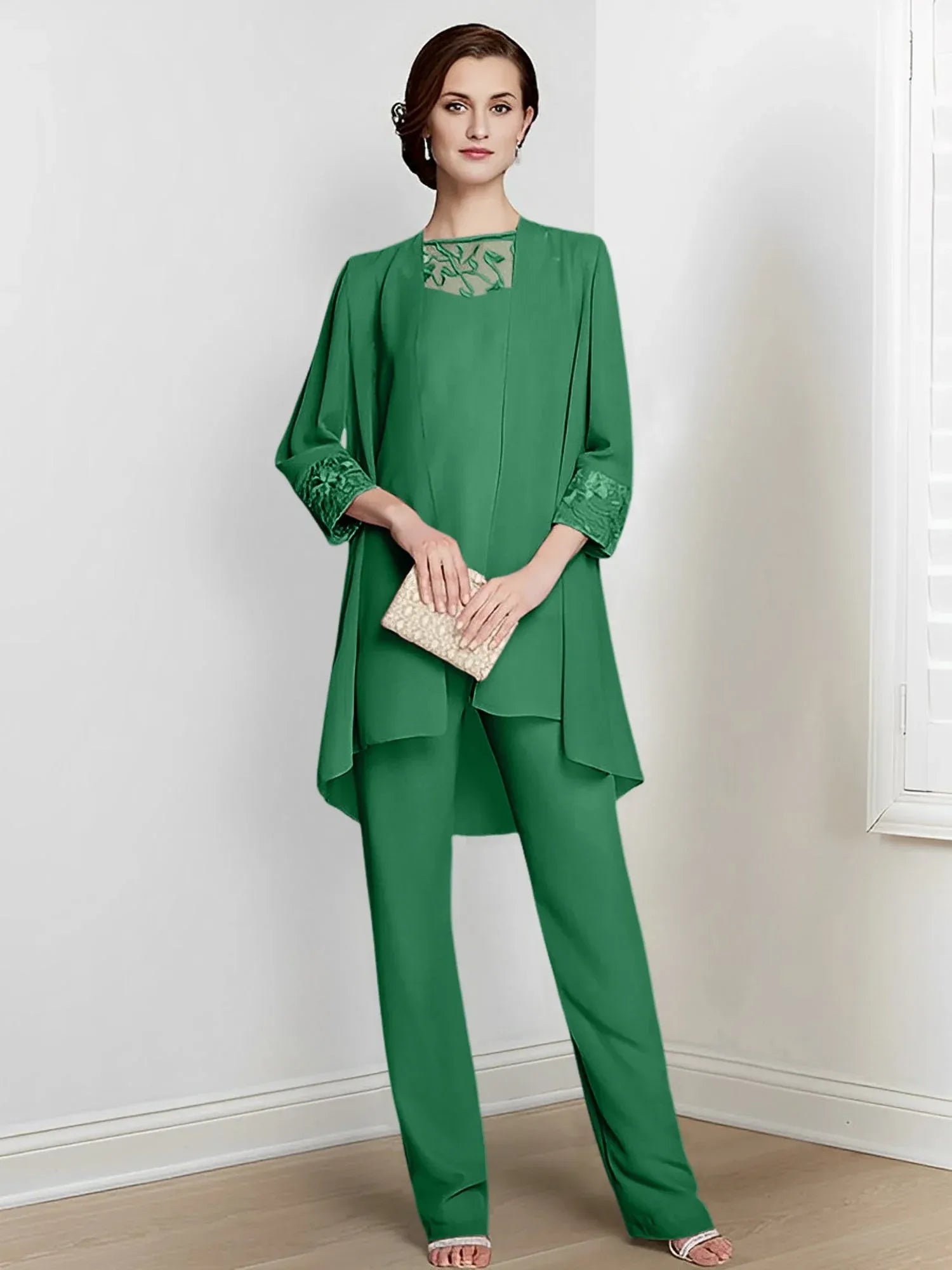Tailleur-pantalon en mousseline à manches longues pour mère de la mariée avec veste 