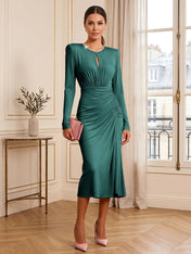 Dusty Rose Long Sleeve Ruched Midi Dress Formal Evening Gown