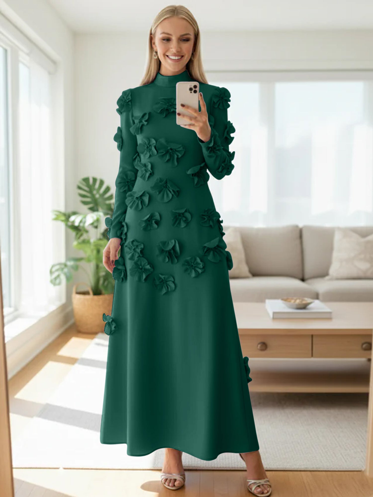 A Line High Neck Long Sleeves Floor Length Stretch Crepe Dress With 3D Flowers