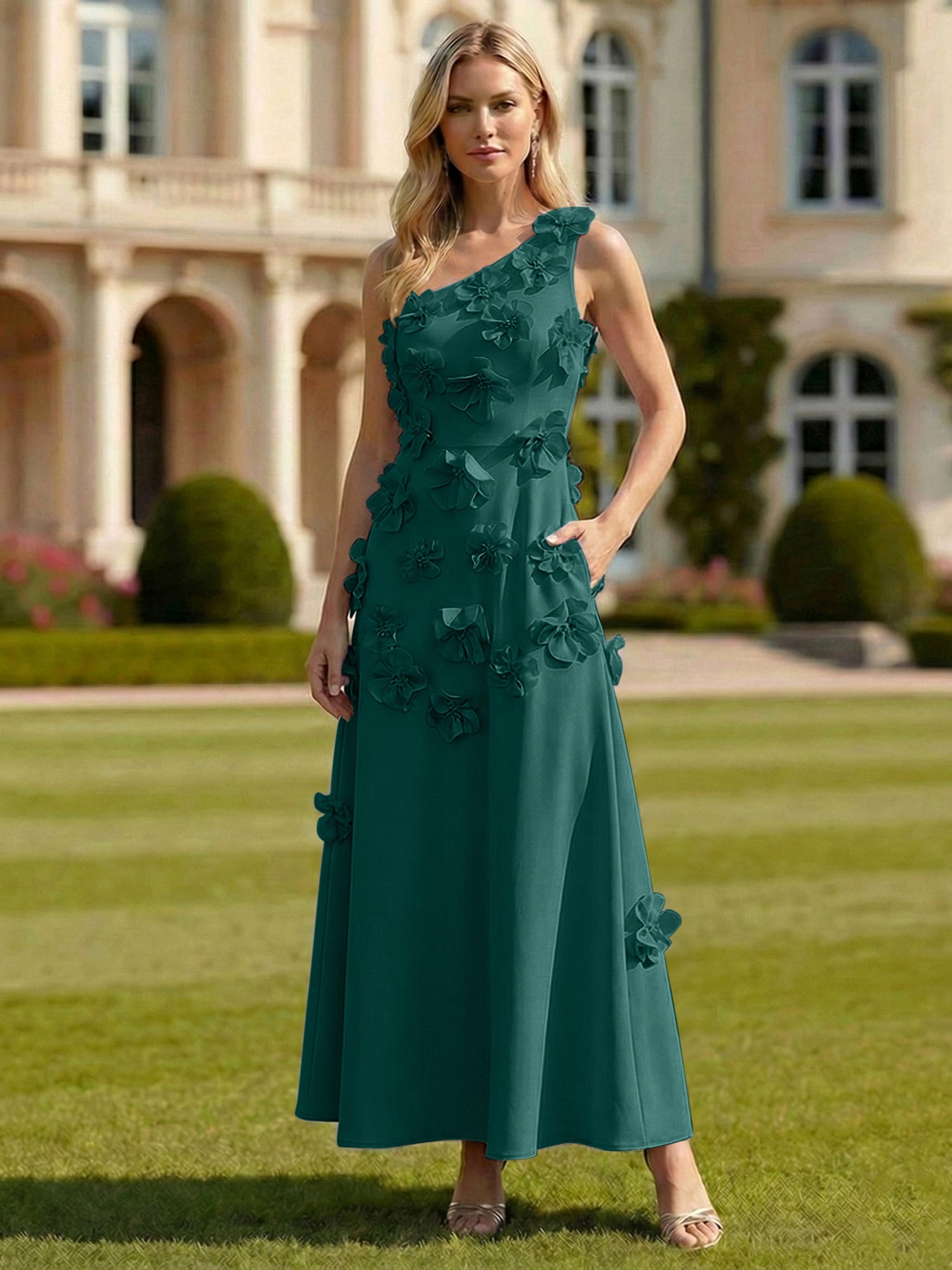 A Line One Shoulder Sleeveless Floor Length Stretch Crepe Dress With 3D Flowers