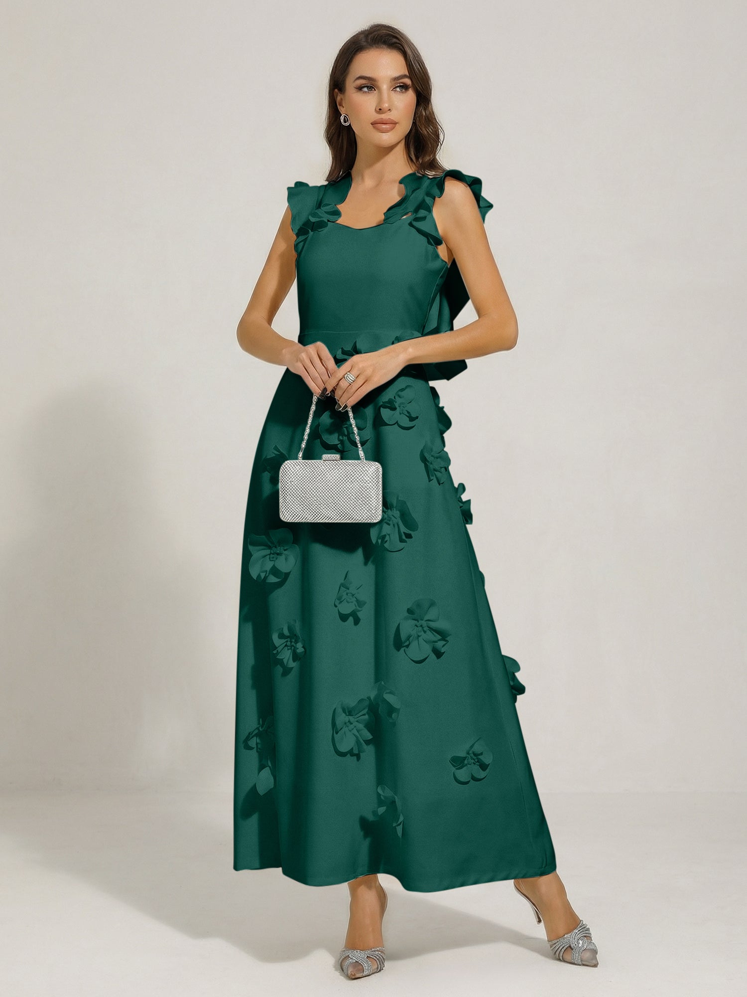 Chic White 3D Flowers A-Line Floor Length Stretch Crepe Dress with Pockets Maxi Dress