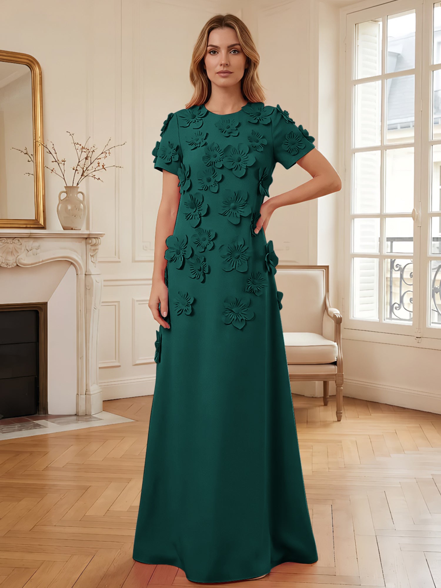 Short Sleeve Crew Neck A-Line Gown with 3D Floral Appliques Evening Dresses