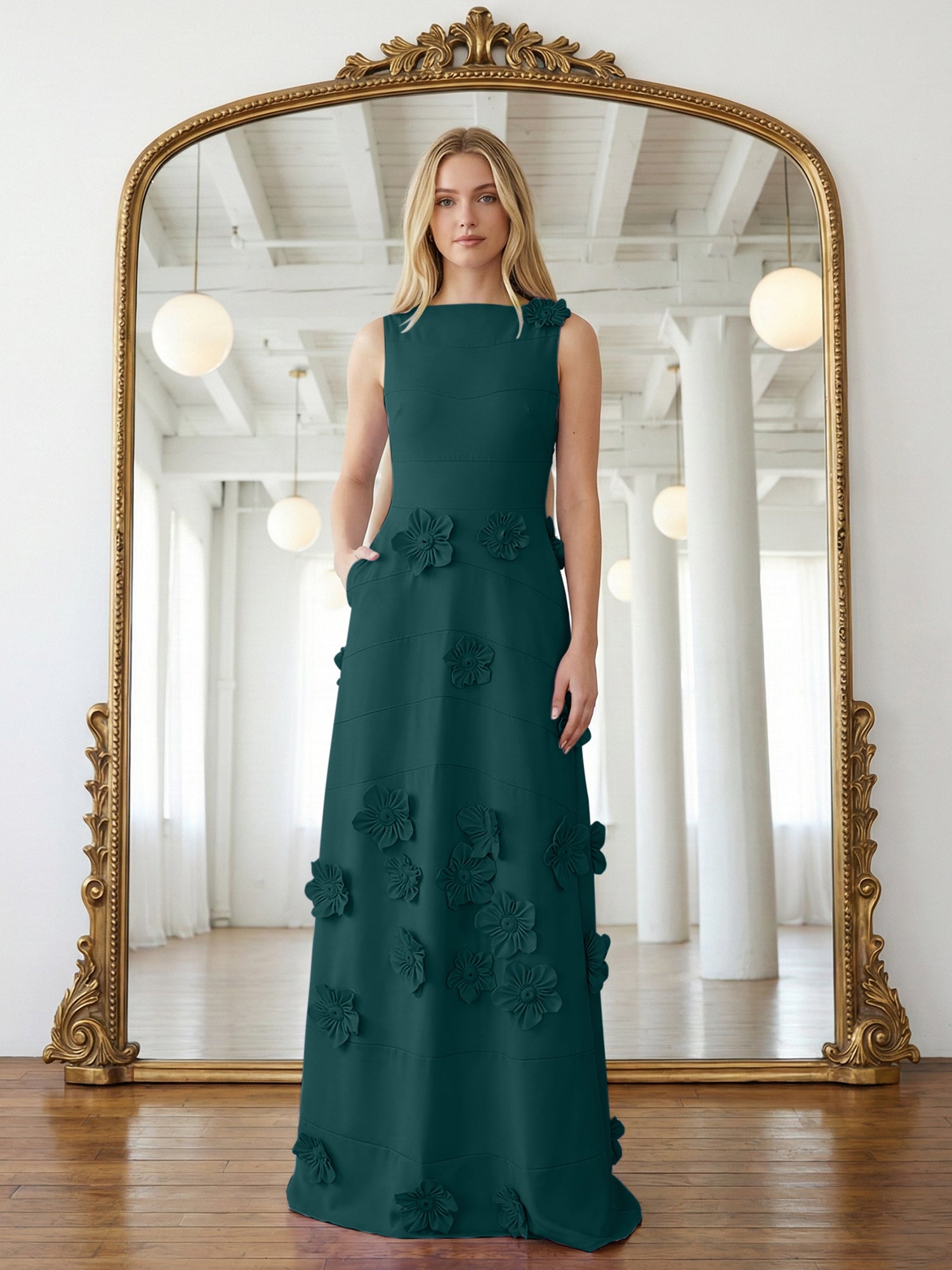 Lavender Boat Neck Formal Gown with Cascading 3D Flowers