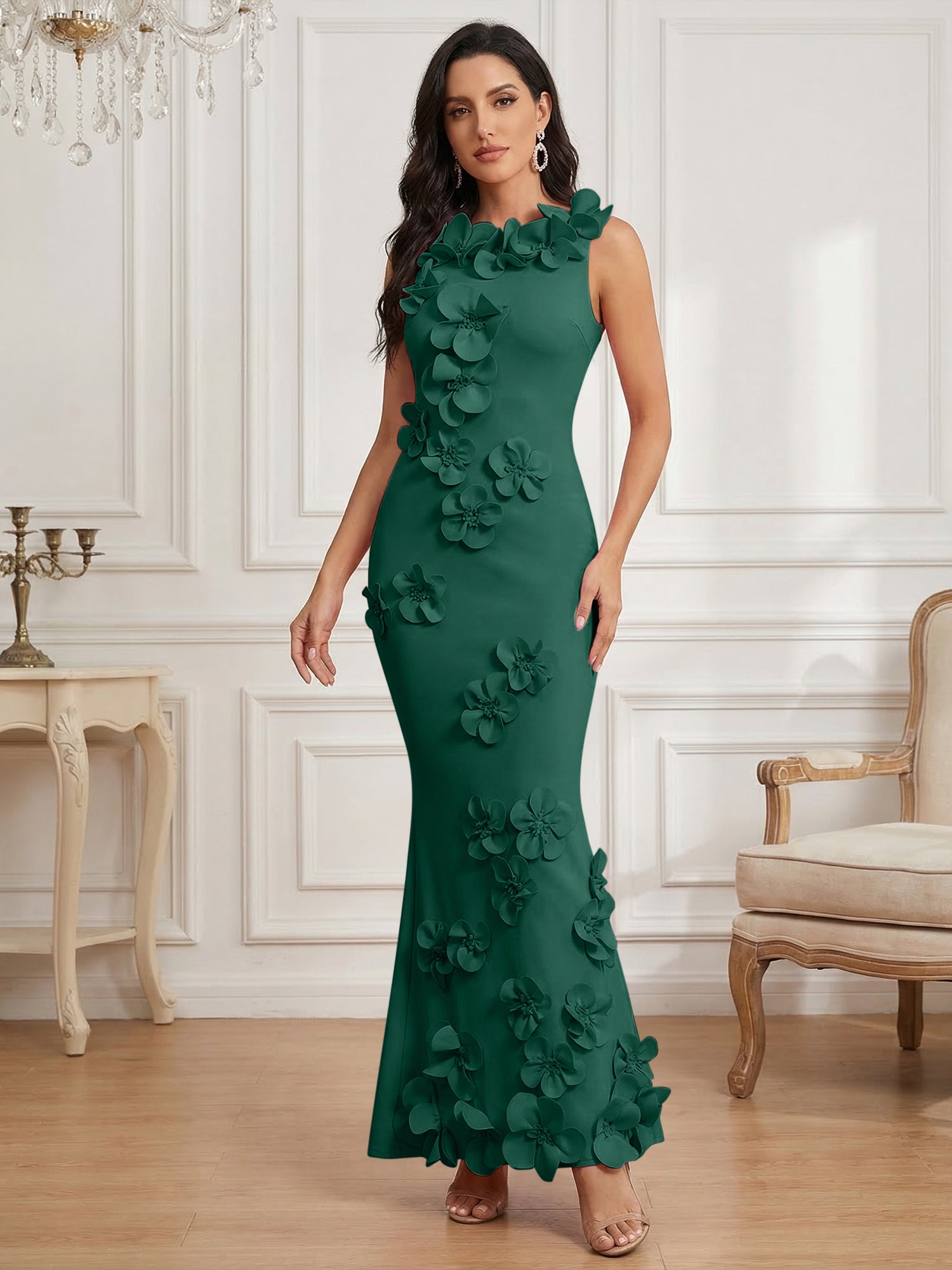 Romantic Pink Sleeveless 3D Floral Mermaid Gown