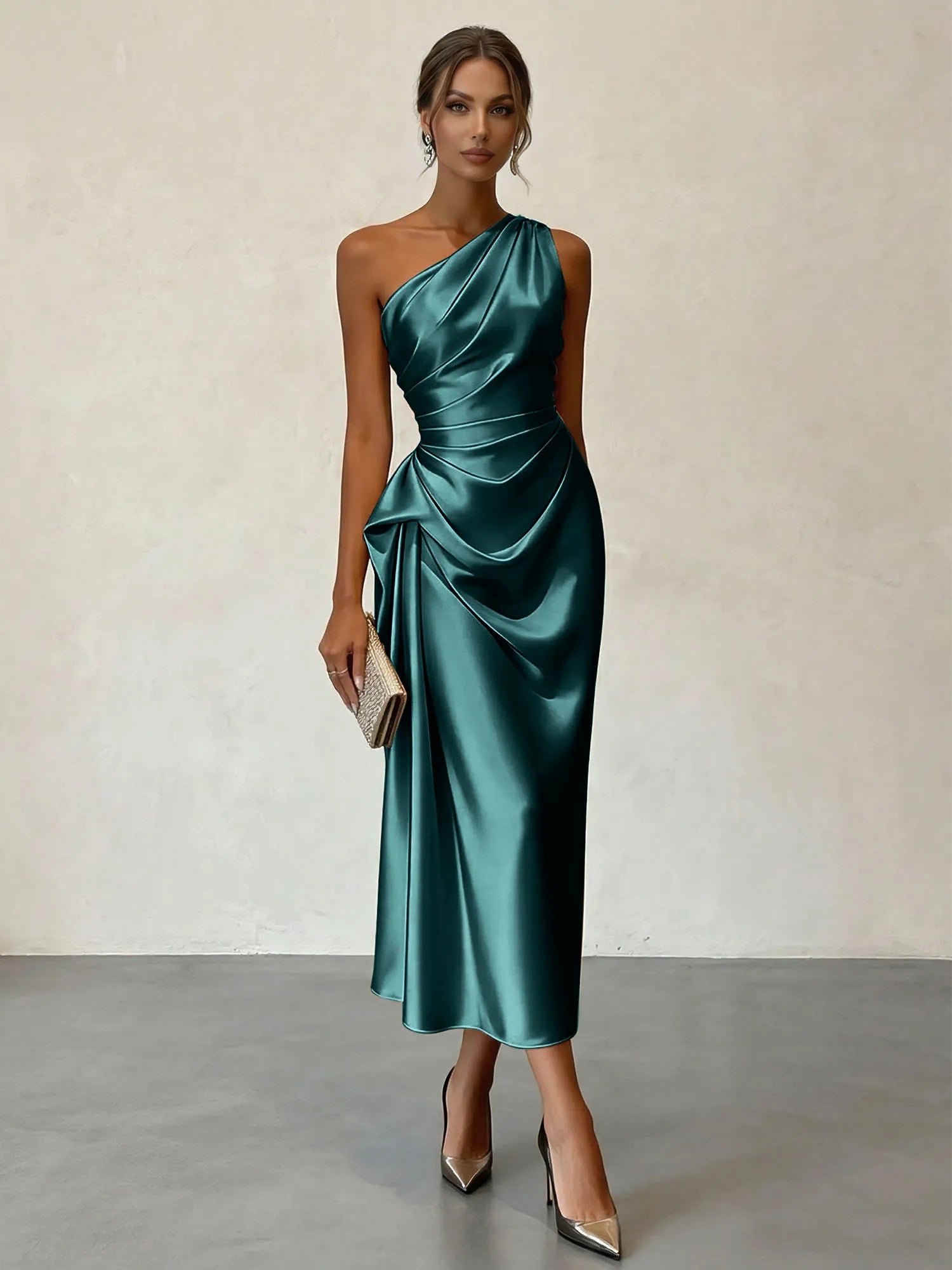 Champagne Ruched Satin One Shoulder Sleeveless Sheath Midi Dress