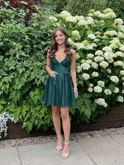 Blue A Line V-neck Beaded Back Tie Short Homecoming Mini Dress