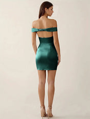 Off-The-Shoulder Ruched Satin Mini Homecoming Dress