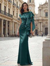 Elegant Formal Evening Dress Moonlight Silver Asymmetrical Ruffle Satin Gown