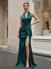 Navy Blue Halter V-Neck Satin Gown with Side Knot and High Slit Evening Dress