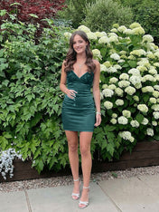 Blue V-neck Beaded Back Tie Short Homecoming Mini Dress