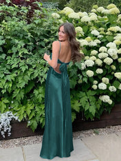 Blue A Line V-neck Beaded Back Tie Long Prom Dress