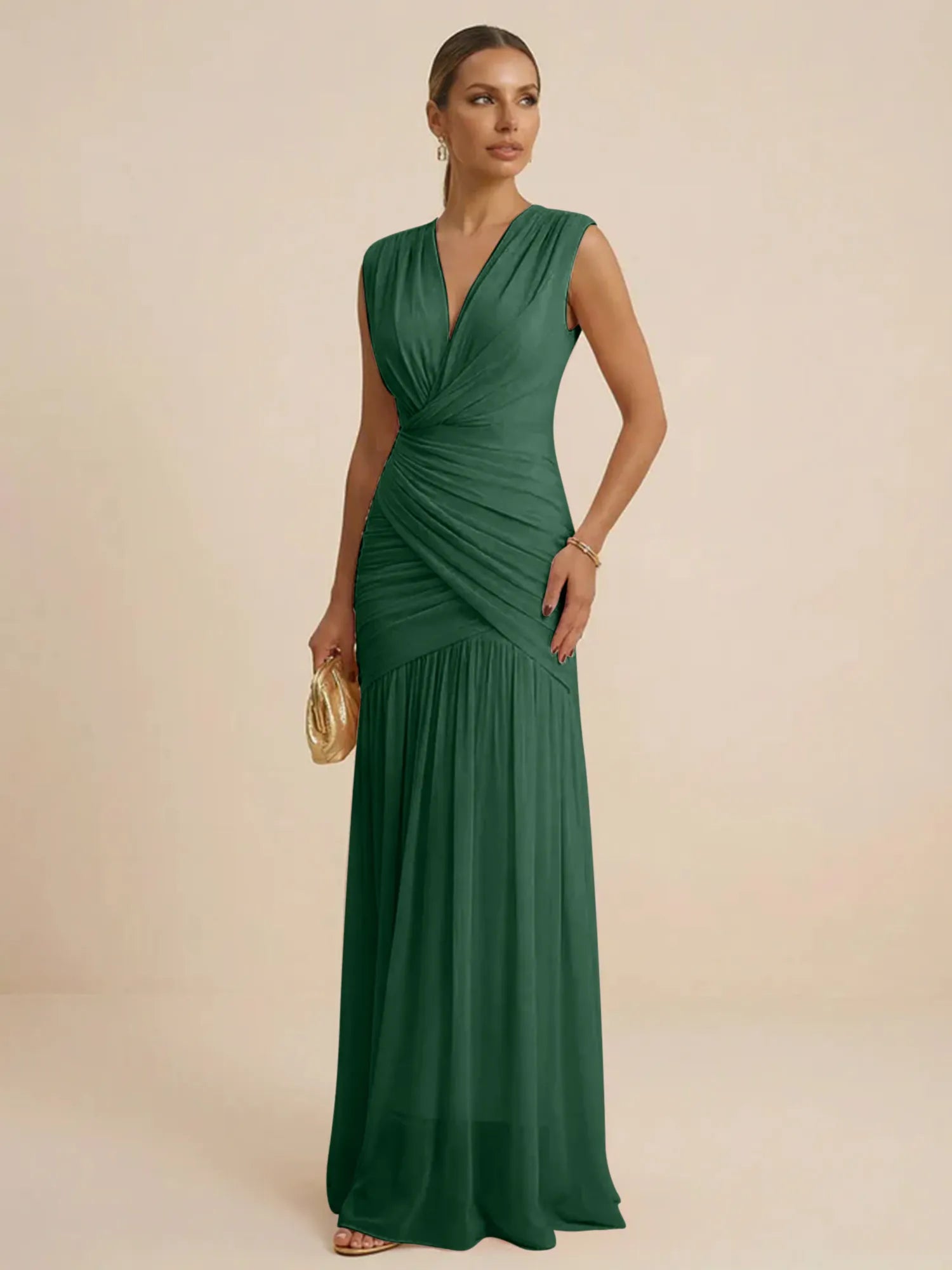 Pink Regular Straps V Neck Chiffon Pleat Mermaid Maxi Dress