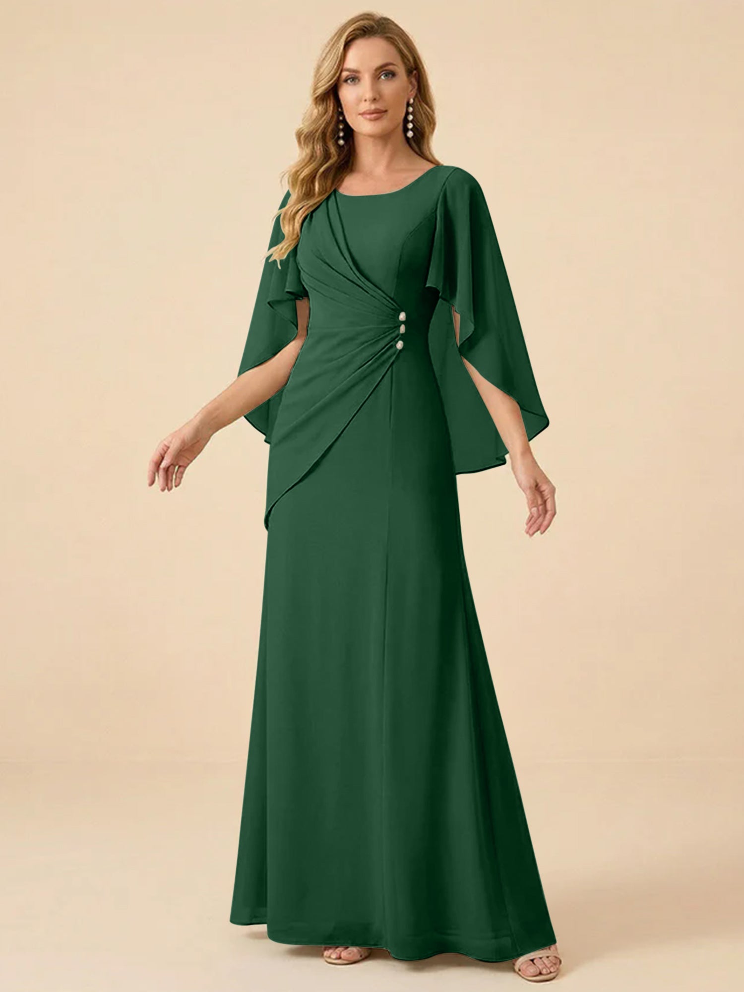 Sage Green Chiffon Beaded Mother of the Bride Dress with Cape Sleeves