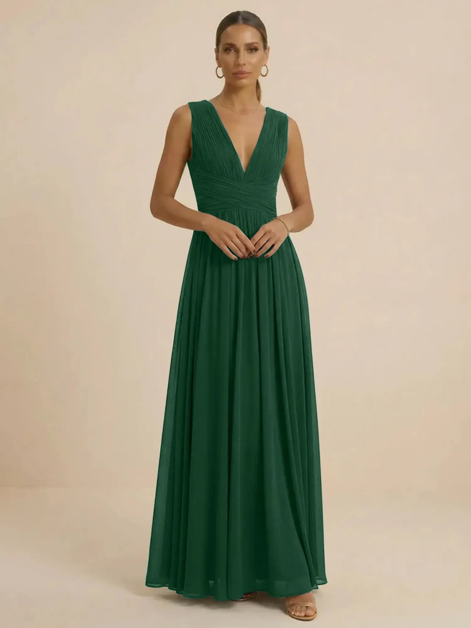 Teal Pleated V-Neck Chiffon Evening Gown with Ruched