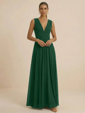 Teal Pleated V-Neck Chiffon Evening Gown with Ruched