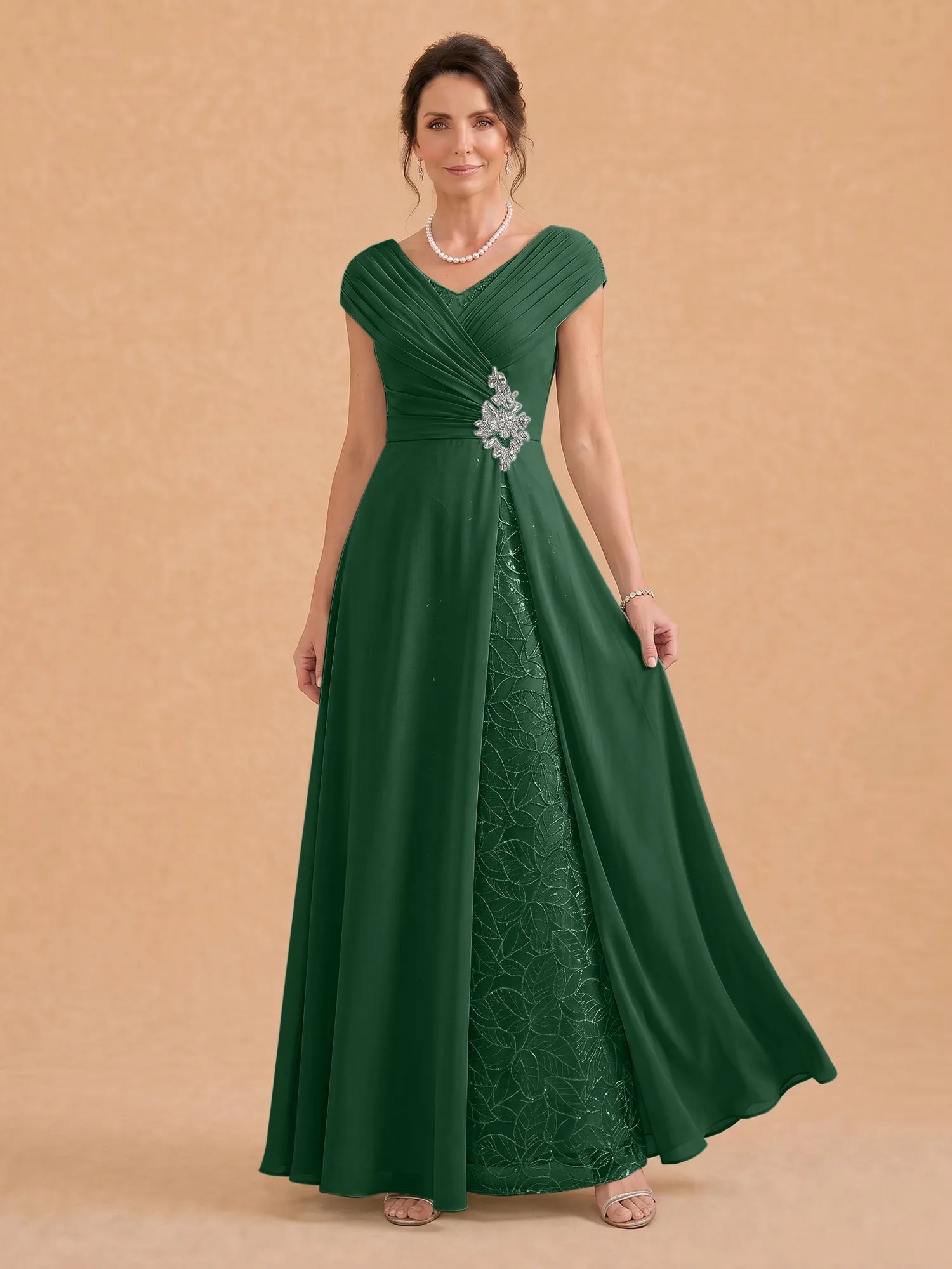 V-Neck Ruched Chiffon A-Line Mother of the Bride Dress with Crystal Brooch