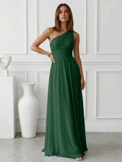 Timeless Light Blue One-Shoulder Maxi Dress Ruched Chiffon Gown