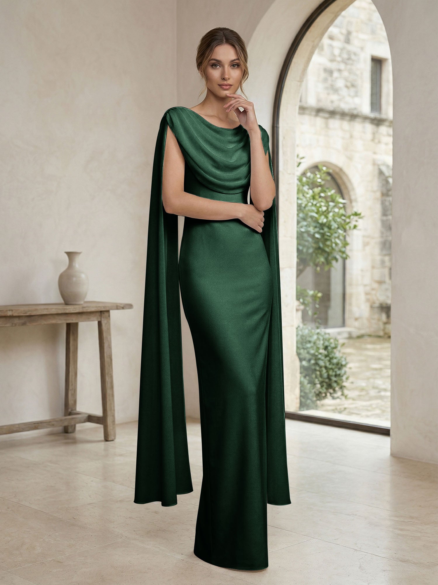 Ivory Draped Cowl Neck Cape Gown Maxi Dress