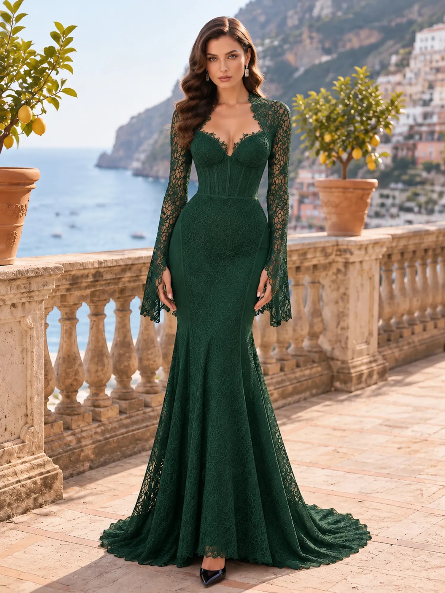 Long-Sleeve Lace-Trimmed Mermaid Evening Dress