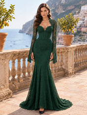 Long-Sleeve Lace-Trimmed Mermaid Evening Dress