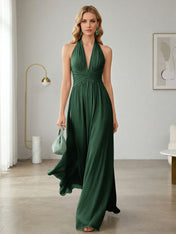 Elegant Sage Green Halter Chiffon Maxi Gown