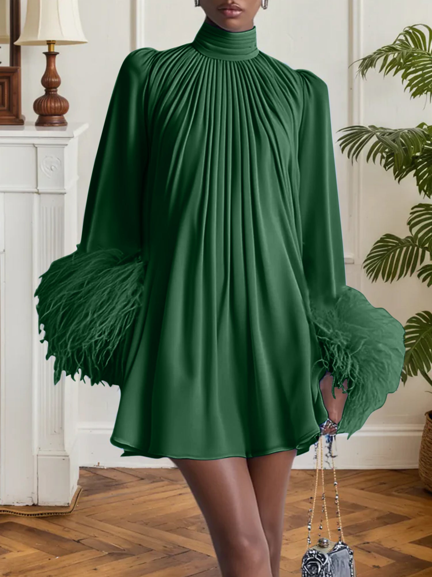 Blue Feather Ruched Chiffon Mock Neck Long Sleeve A-Line Mini Dress