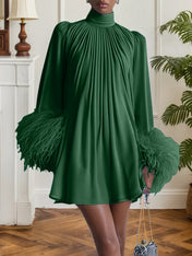 Blue Feather Ruched Chiffon Mock Neck Long Sleeve A-Line Mini Dress