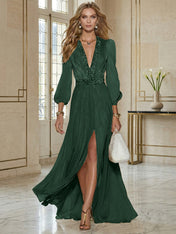 Elegant Beige Chiffon V-neck With Rhinestone Embellishments And A Side Slit Maxi Dress
