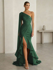 Glamorous Midnight Navy Formal Evening Dress One-Shoulder Ruched Cape Gown
