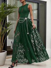 Midnight Black Lace Hollow Out Crew Neck Sleeveless A-Line Maxi Dress