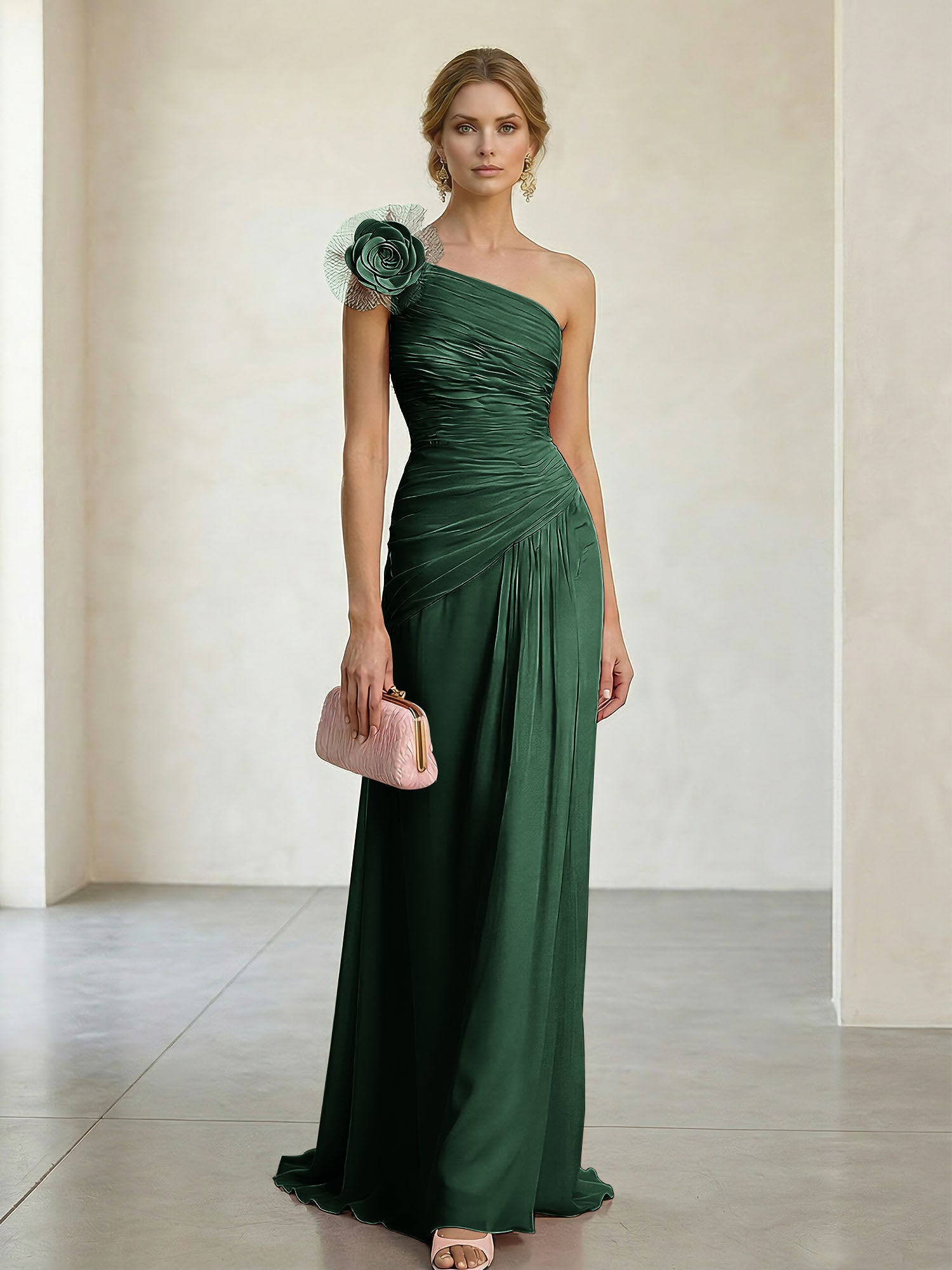 Blush Pink One-Shoulder Ruched 3D Floral Gown Dress