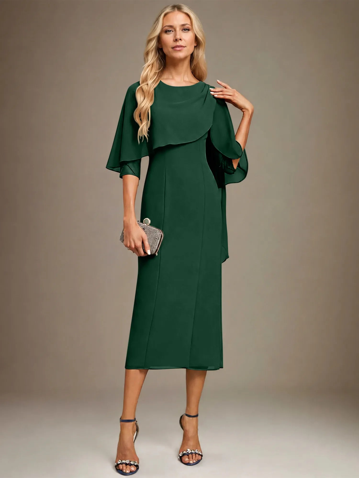 Column Scoop Tea Length Chiffon Dress With Pleated Beading