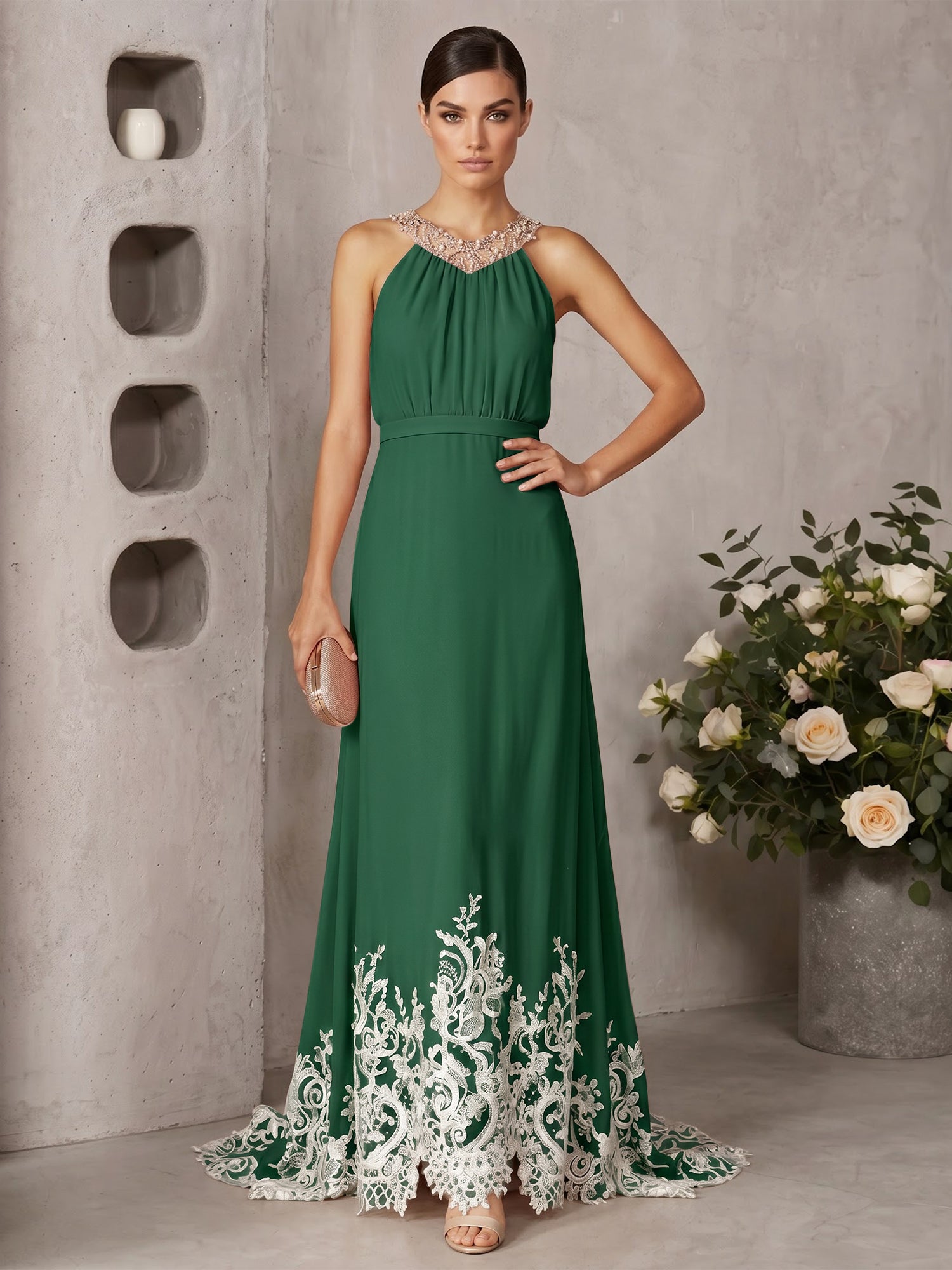 Pink Beaded Ruched Chiffon Halter Sleeveless A-Line Gown Maxi Dress